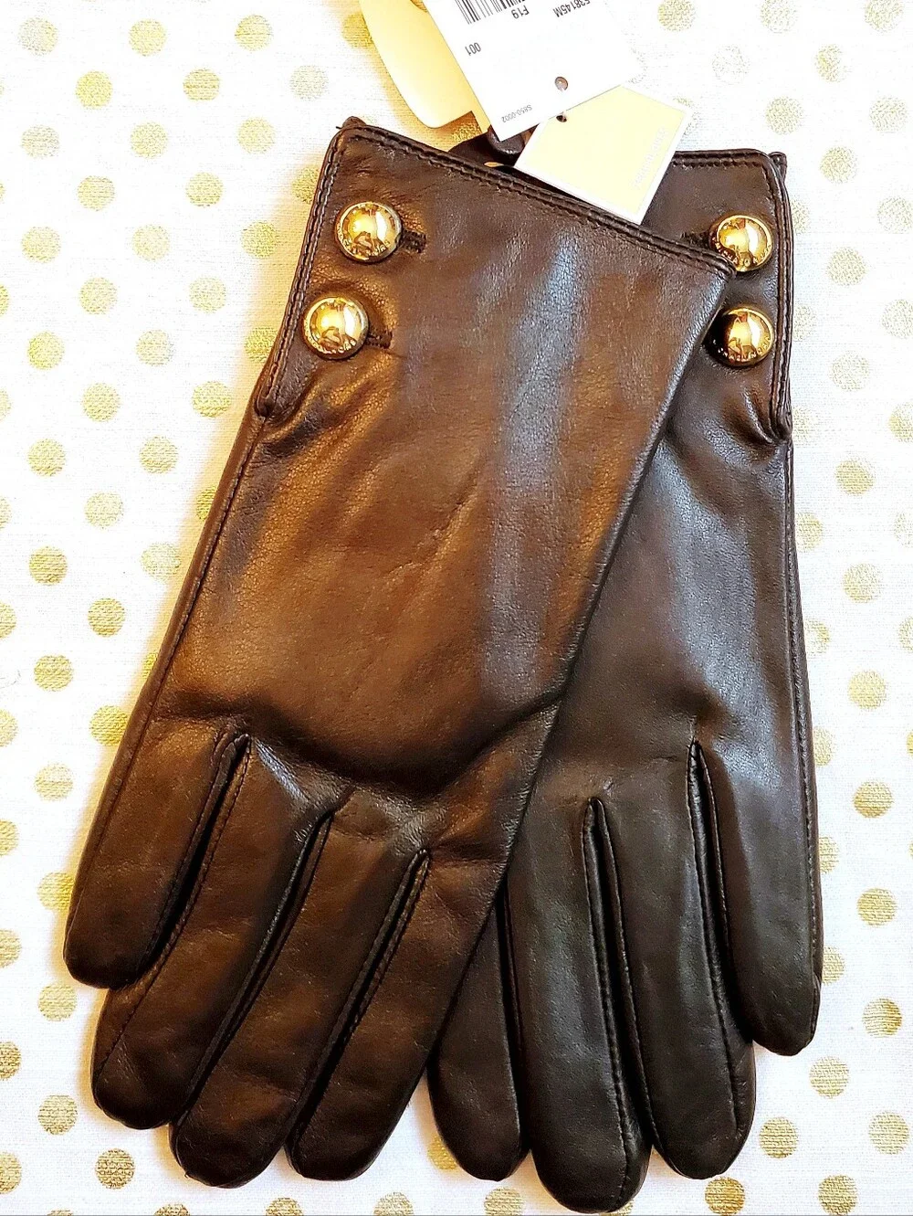 Michael Kors Collection (Retail) Genuine Black Leather Gloves Gold Button Detail